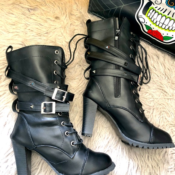 Furcross: Women Calf Boots Studded Round Toe Side Zip Up Thick Heels Punk Gothic - Picture 4 of 16